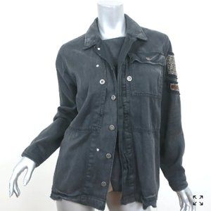 Free People Distressed Military Blk Shirt Jacket with Embellishments, Size M